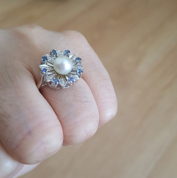 COPY - Pearl and sapphire ring, 14k white gold - Picture 2 of 3